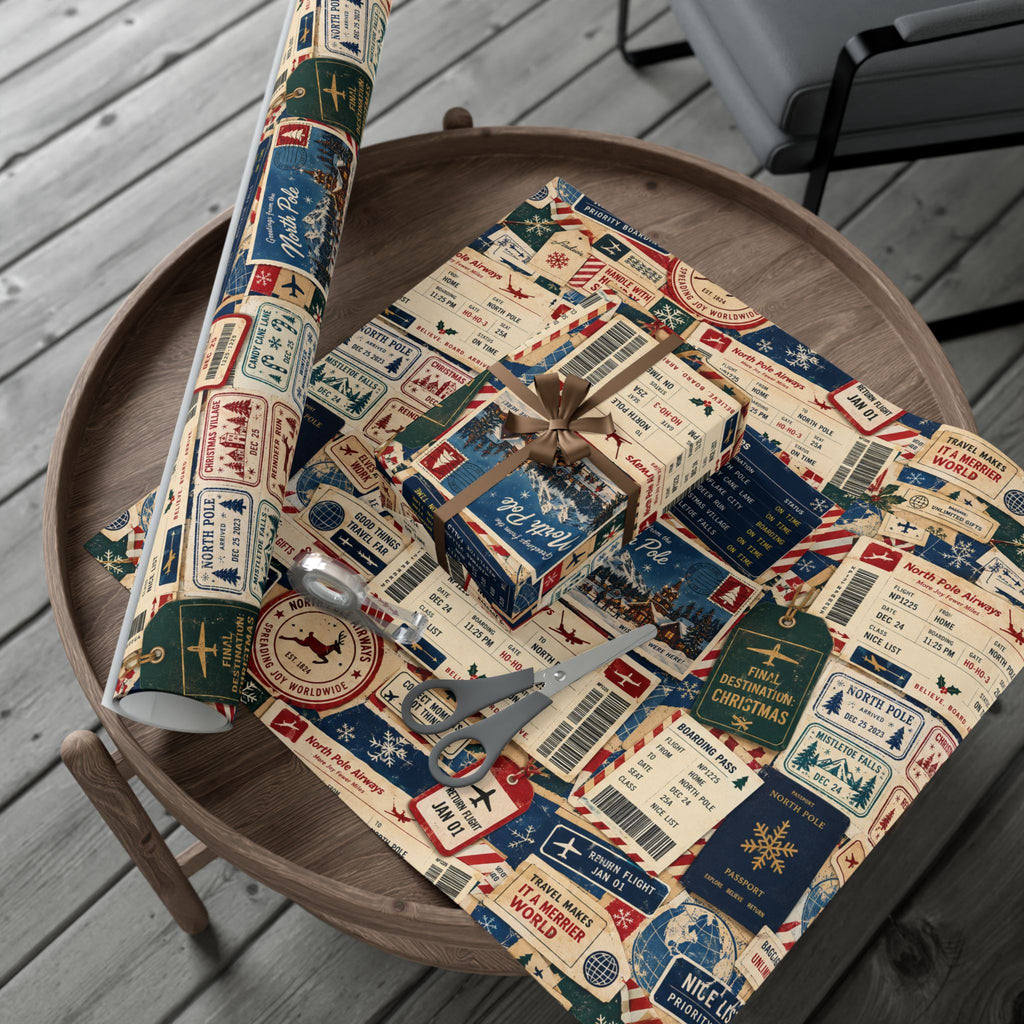 Airmail Vintage Travel Gift Wrap Paper Roll — Retro Postage & Boarding Pass Pattern