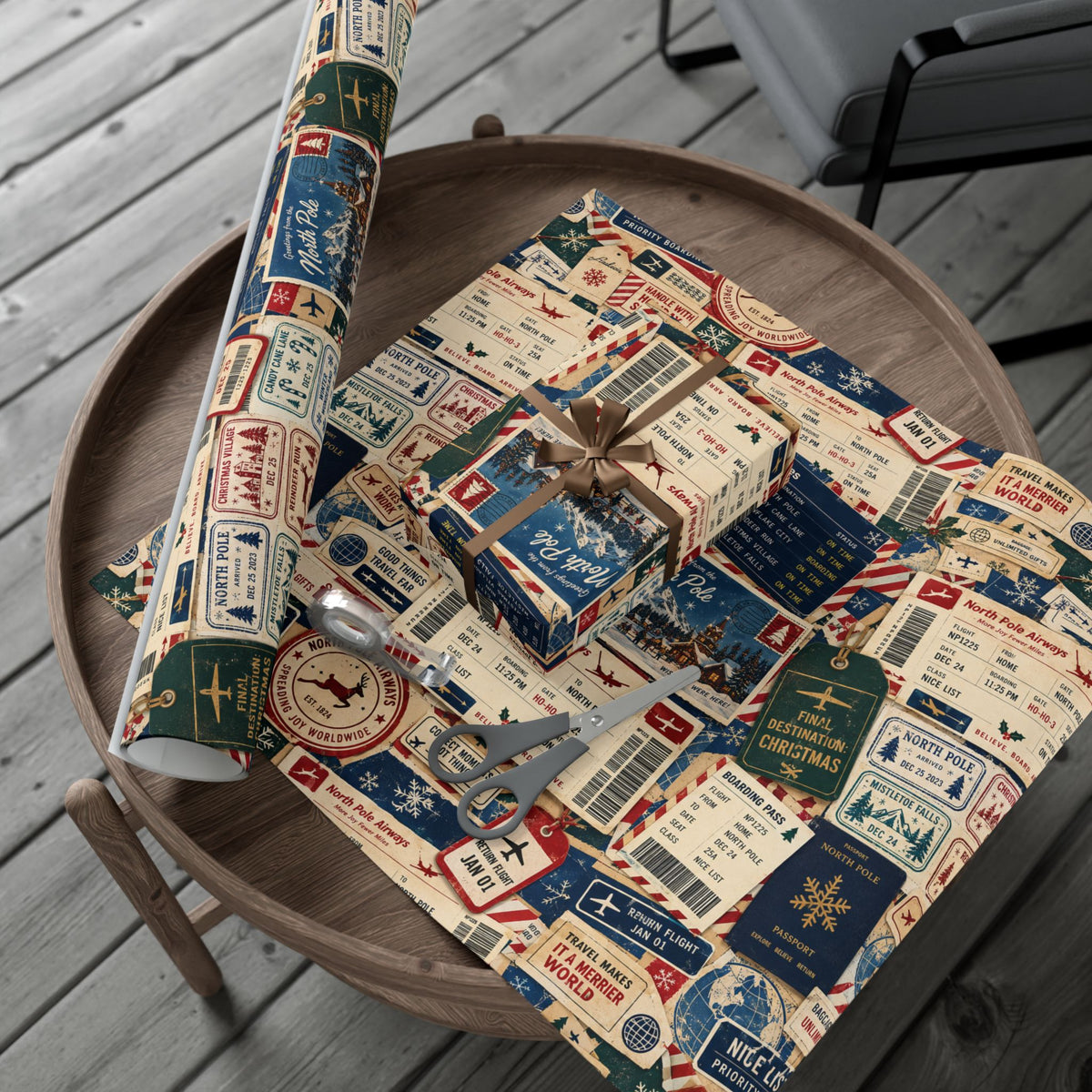 Airmail Vintage Travel Gift Wrap Paper Roll — Retro Postage & Boarding Pass Pattern