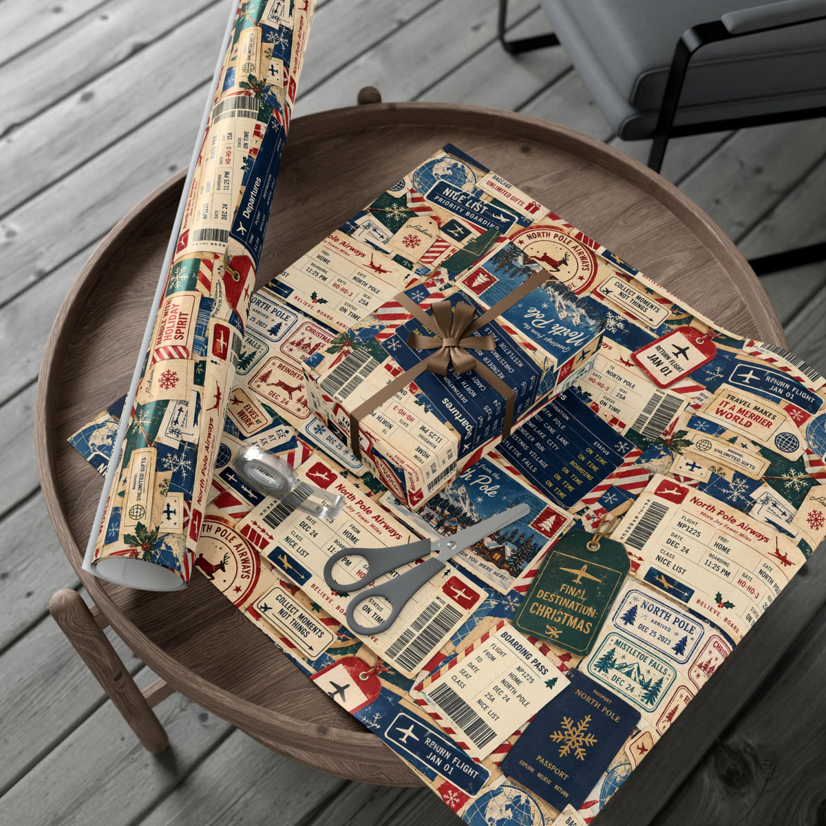 Airmail Vintage Travel Gift Wrap Paper Roll — Retro Postage & Boarding Pass Pattern