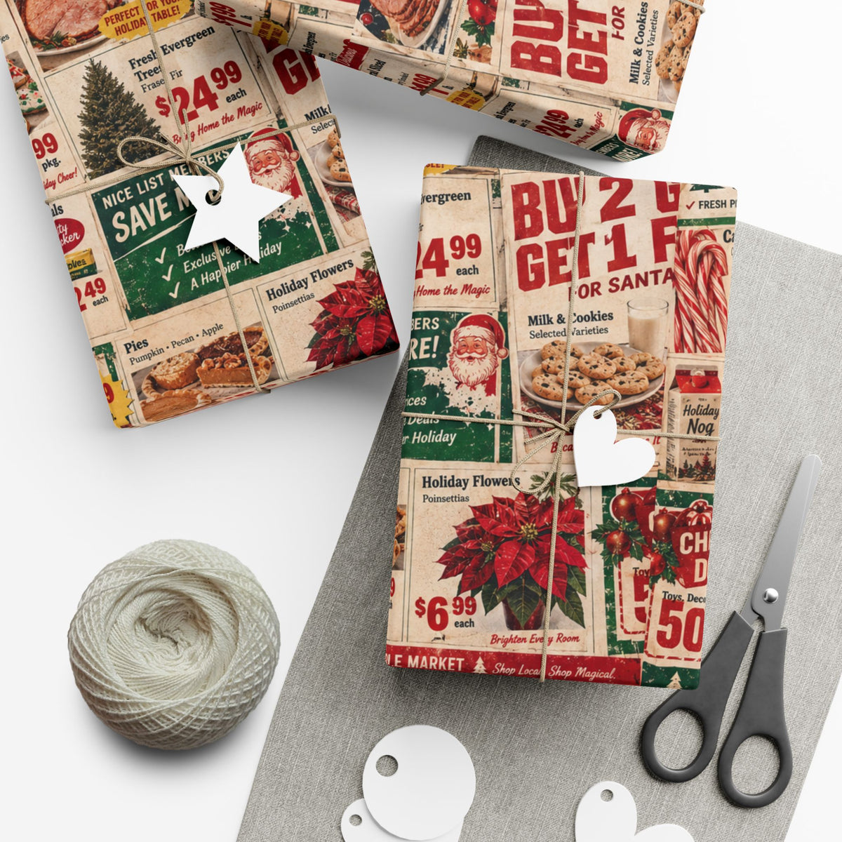 North Pole Market Christmas Wrapping Paper – Retro Grocery Circular Holiday Gift Wrap
