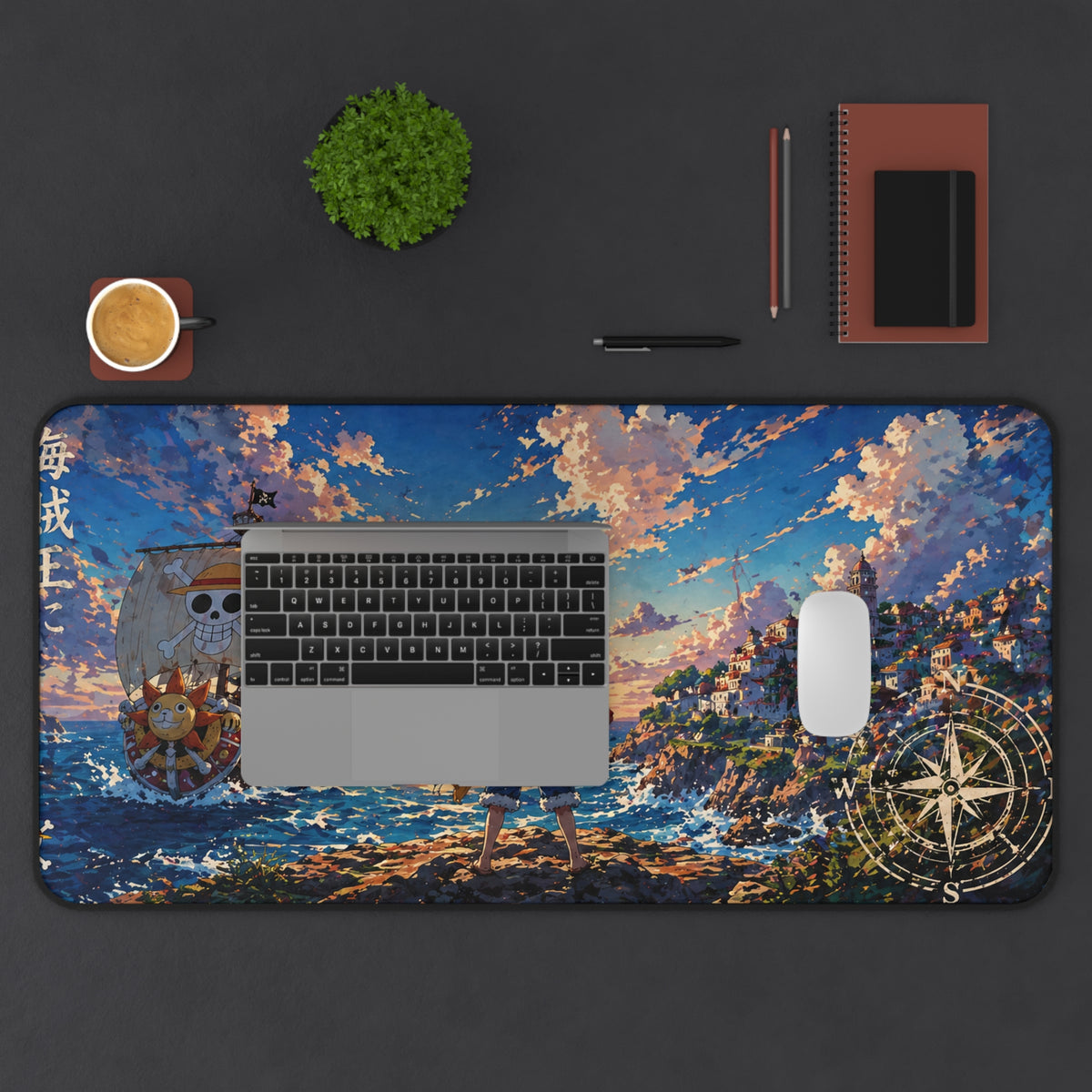 Pirate Sunset Scene Desk Mat | One Piece Inspired Ocean Ship Compass Anime Illustration