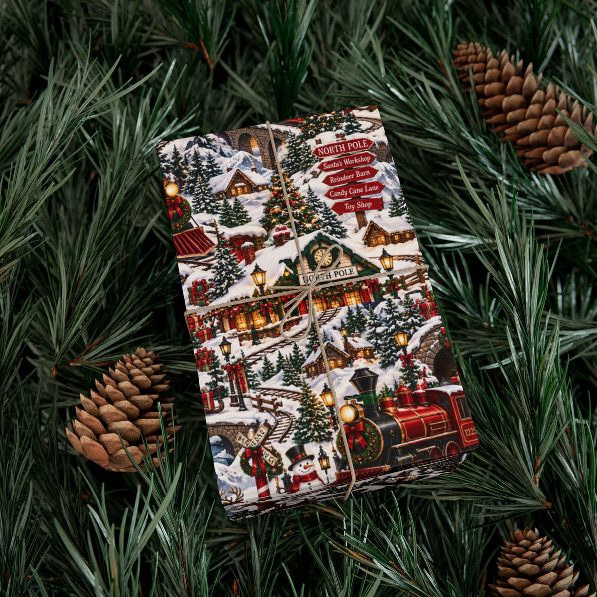 North Pole Express Wrapping Paper – Christmas Train, Reindeer & Snowy Village Holiday Gift Wrap