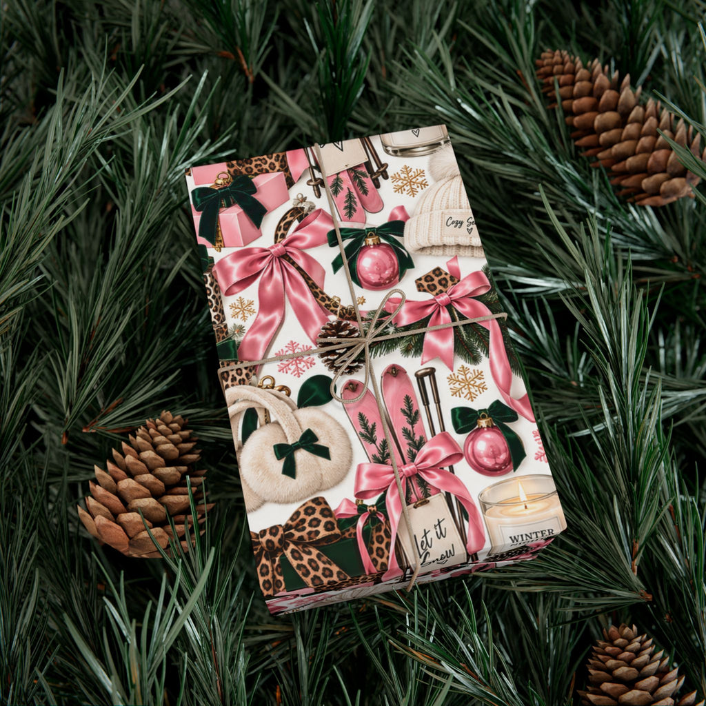 Cozy Season Christmas Wrapping Paper – Pink, Leopard & Emerald Winter Gift Wrap