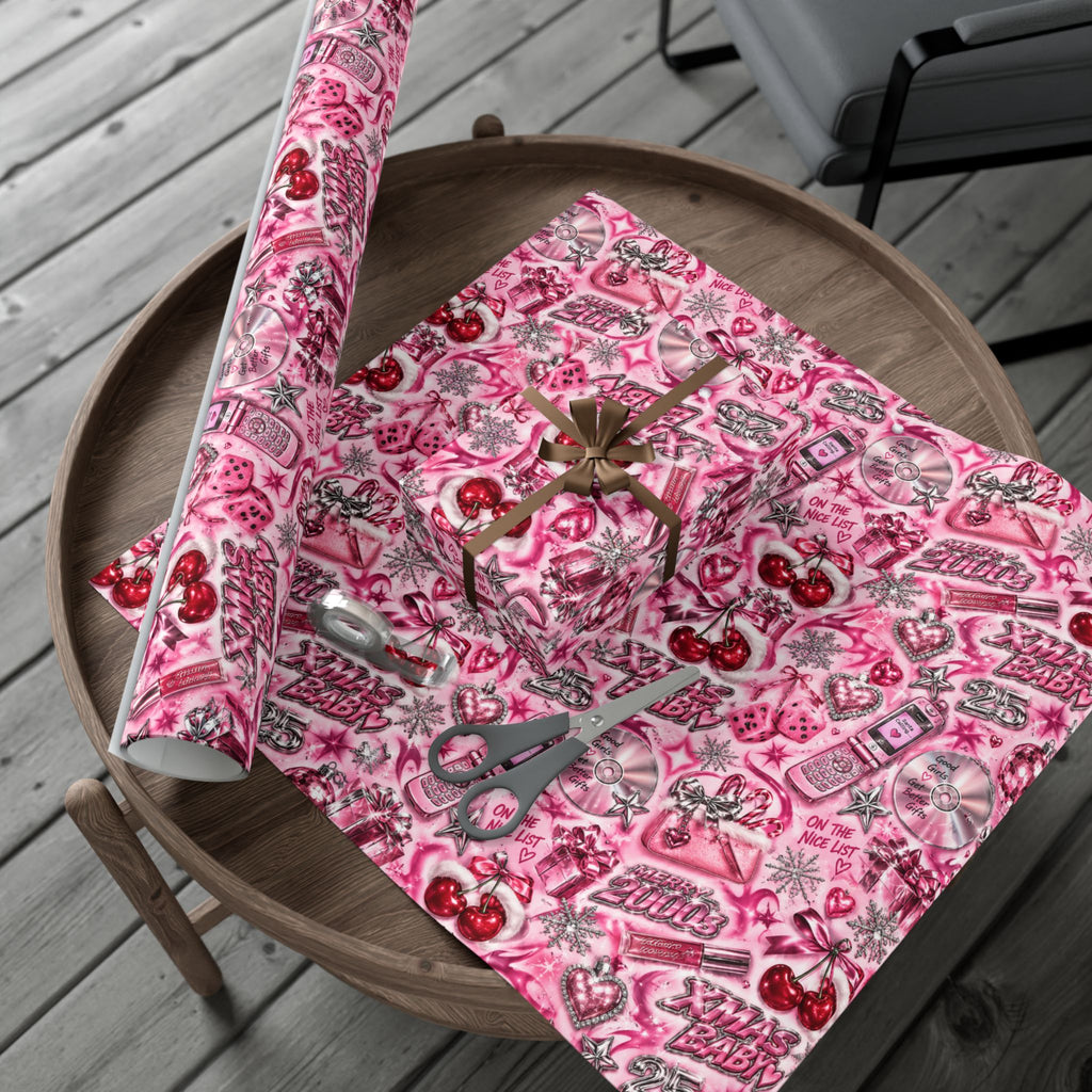 Xmas Baby Y2K Christmas Wrapping Paper – Pink Chrome 2000s Holiday Gift Wrap