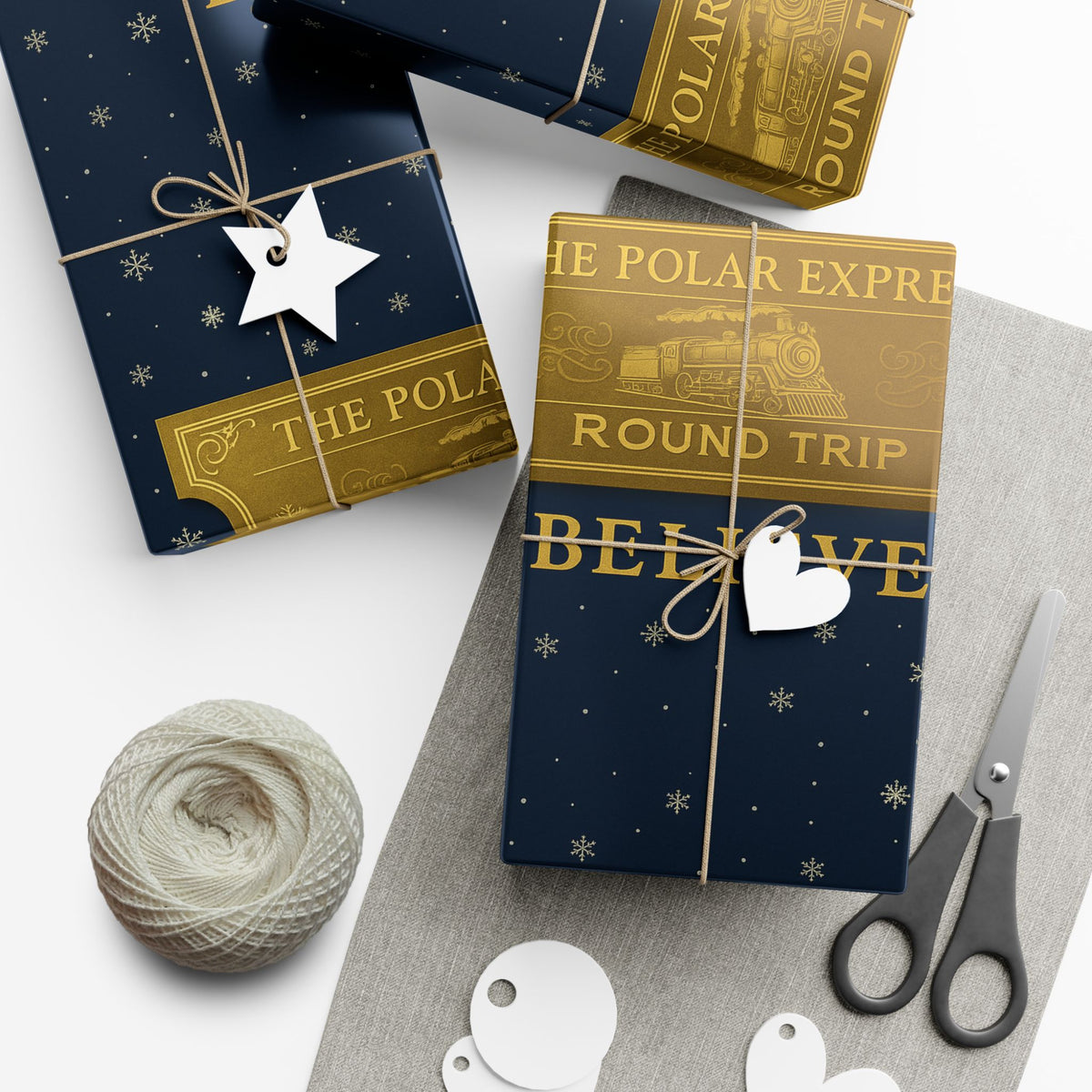 Christmas Golden Ticket Gift Wrap Papers - Polar Express Design for Holiday Parties, Movie Nights, DIY Gift Surprises. Navy Blue and Gold