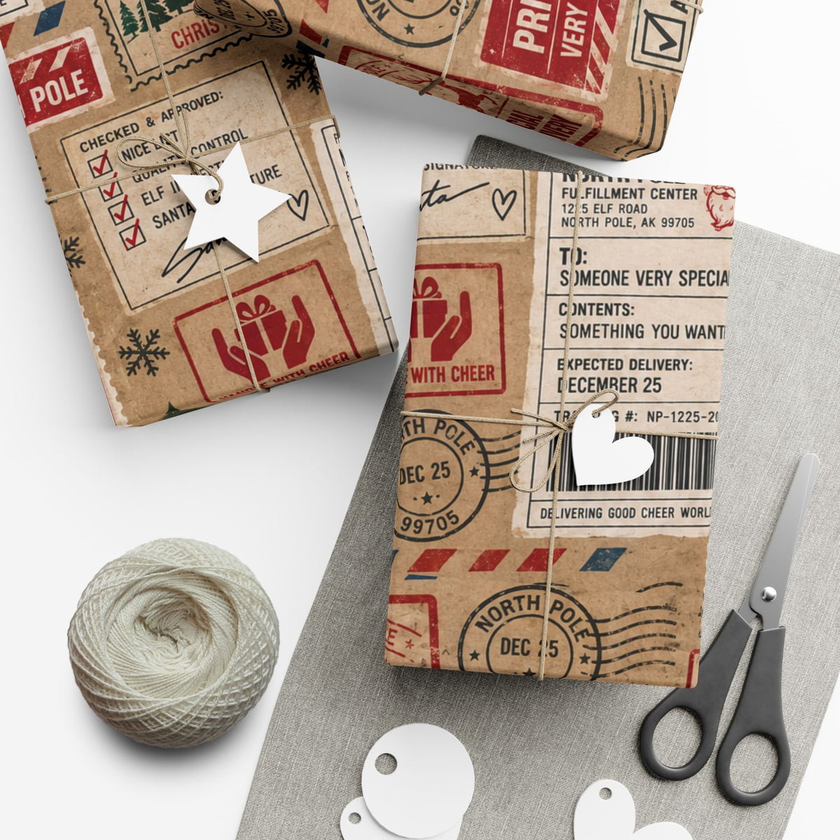 Package in Transit Christmas Wrapping Paper – North Pole Shipping Label Holiday Gift Wrap