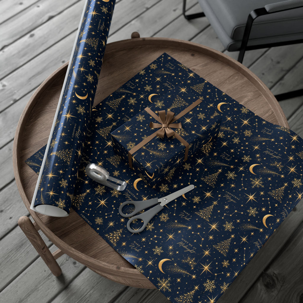 Midnight Stars Christmas Wrapping Paper – Navy & Gold Celestial Holiday Gift Wrap
