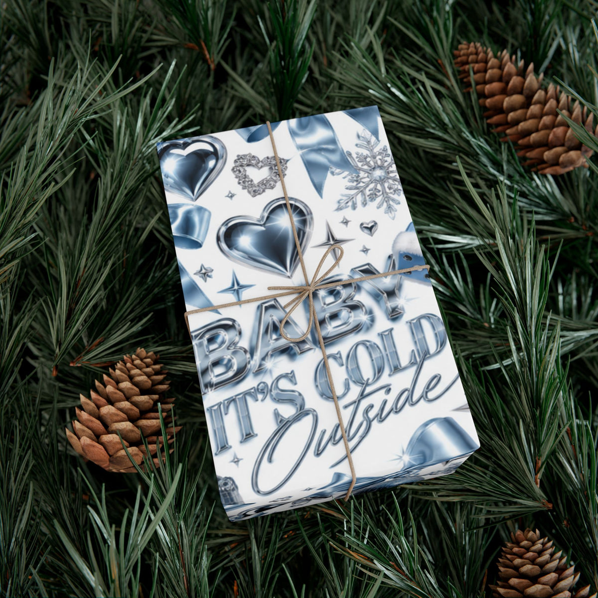 Baby It’s Cold Y2K Christmas Wrapping Paper – Icy Blue & Chrome Holiday Gift Wrap