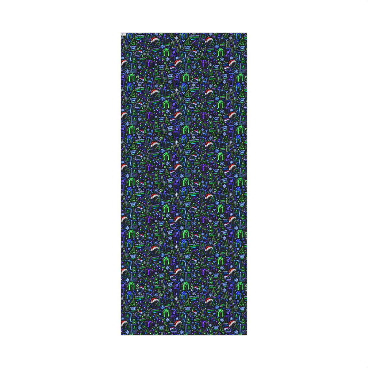Gift Wrap Paper — Neon Gamer Holiday Pattern (Player One, Snowflakes & Controllers)