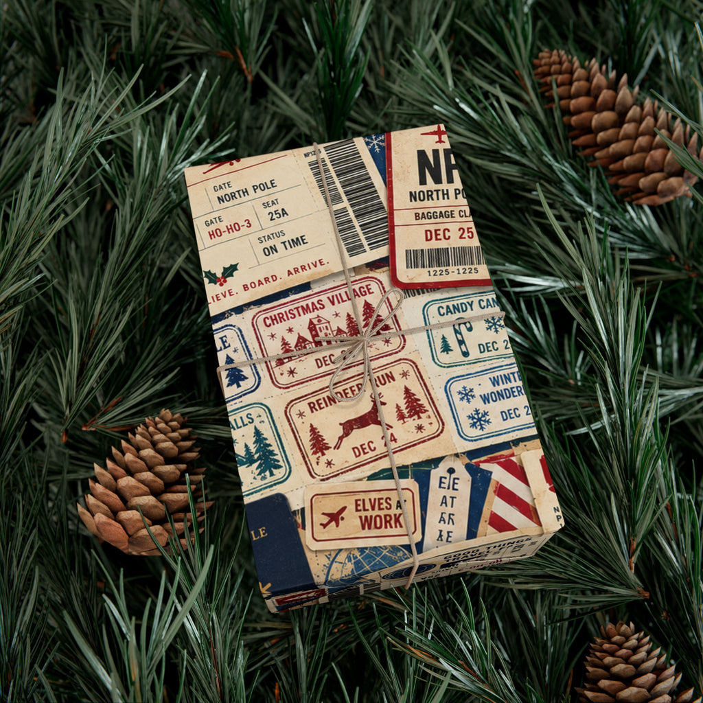 Airmail Vintage Travel Gift Wrap Paper Roll — Retro Postage & Boarding Pass Pattern