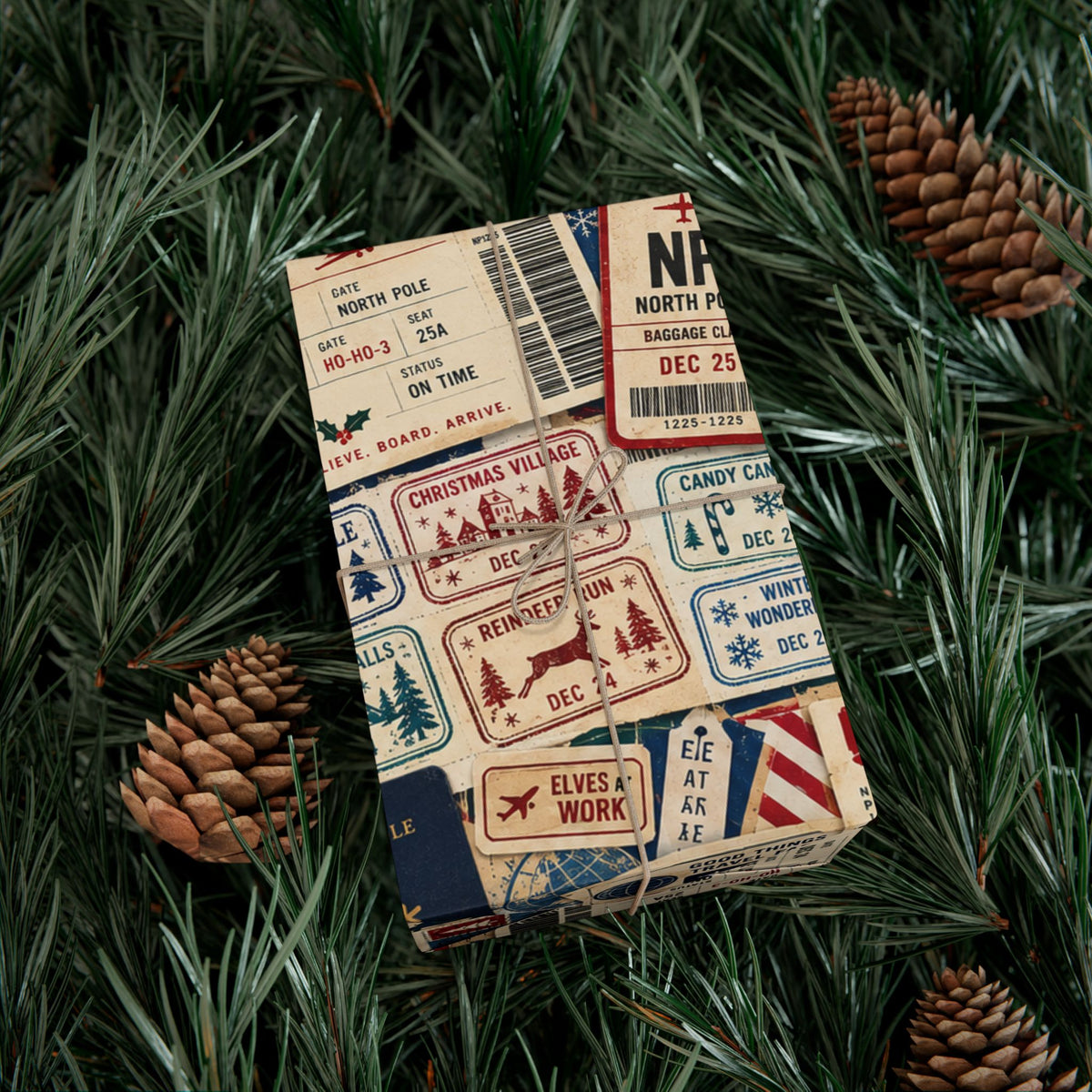 Airmail Vintage Travel Gift Wrap Paper Roll — Retro Postage & Boarding Pass Pattern