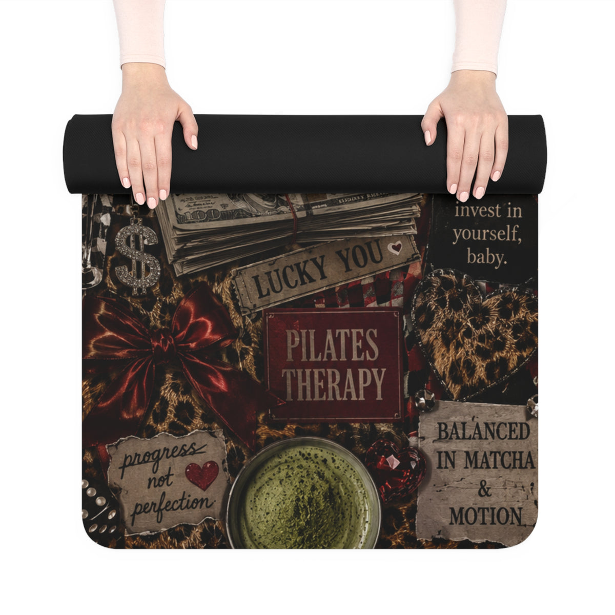 Matcha & Pilates Collage Rubber Yoga Mat | Retro Lucky Girl Pattern