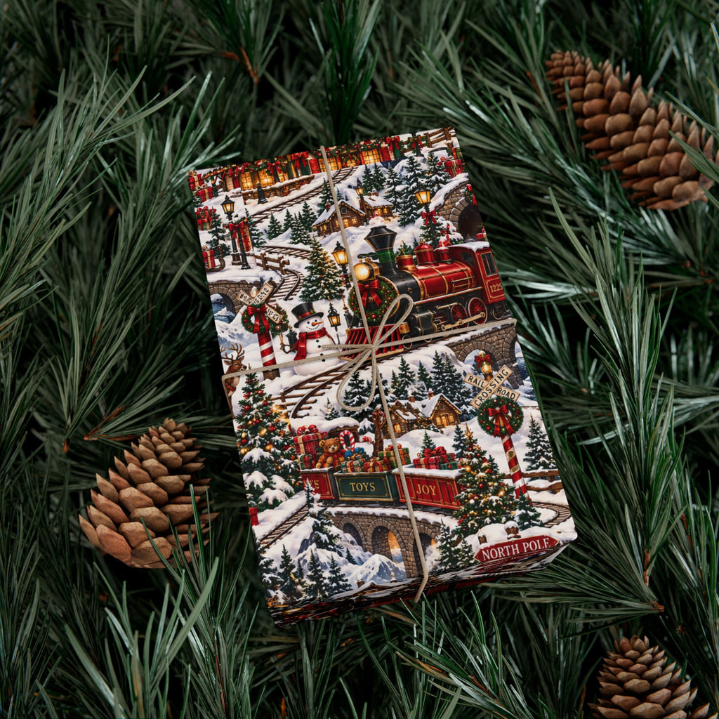 North Pole Express Wrapping Paper – Christmas Train, Reindeer & Snowy Village Holiday Gift Wrap