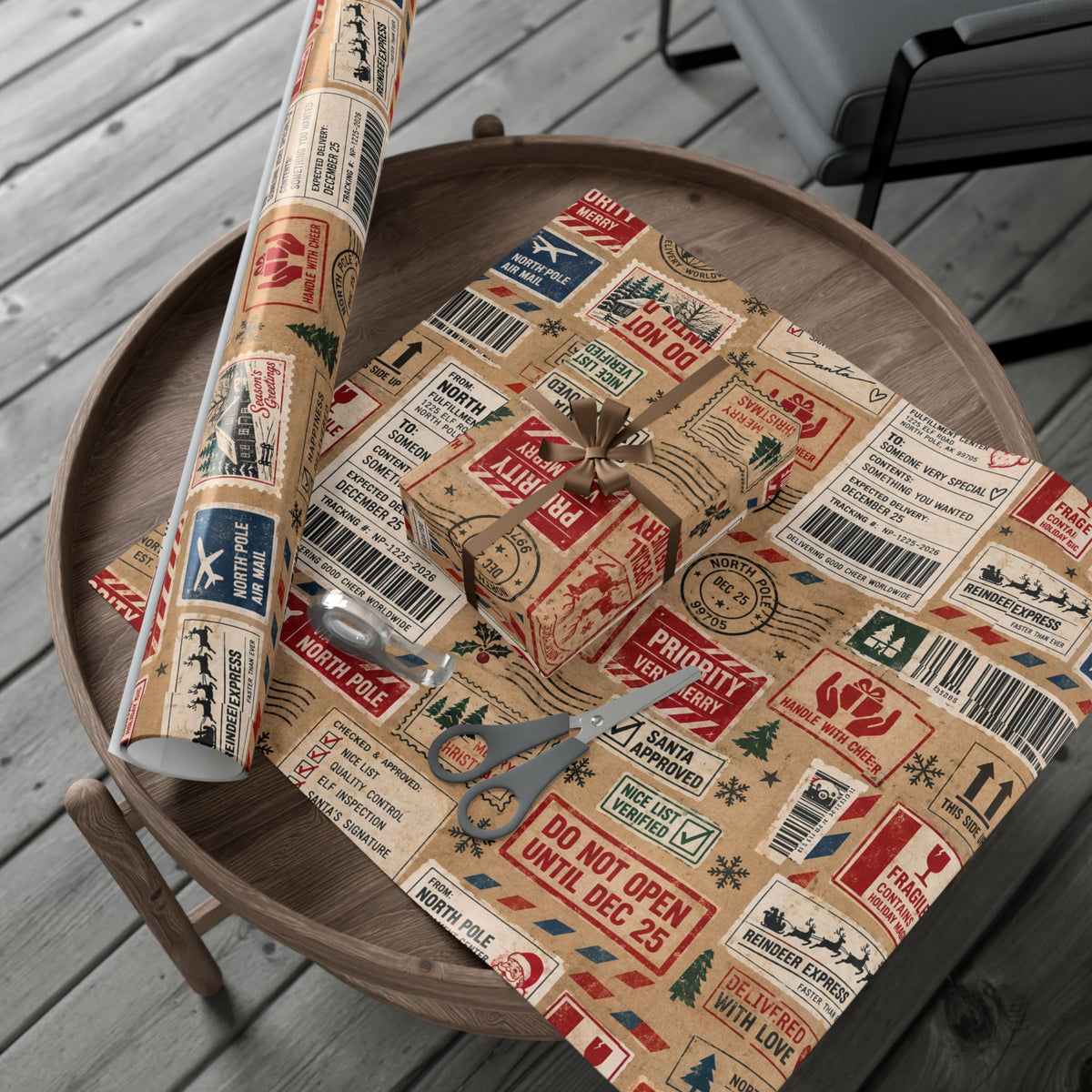 Package in Transit Christmas Wrapping Paper – North Pole Shipping Label Holiday Gift Wrap