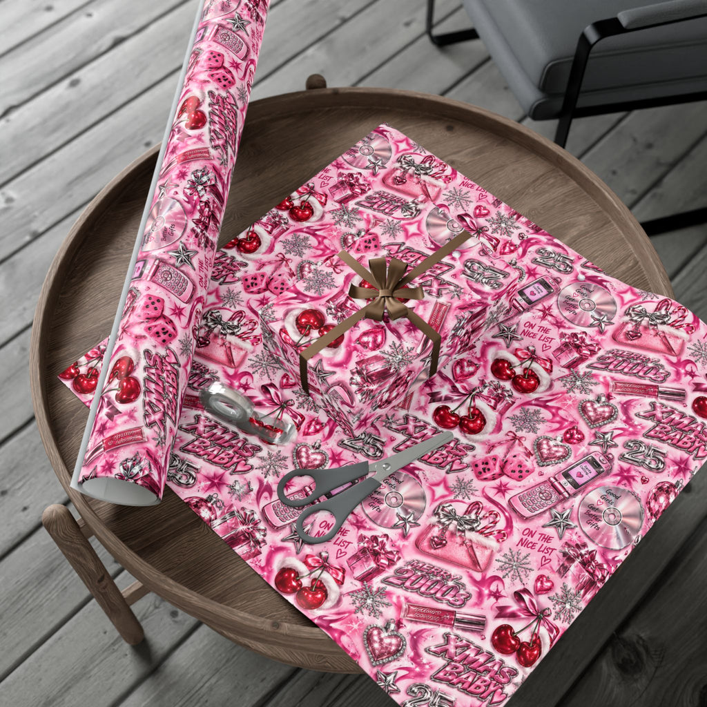 Xmas Baby Y2K Christmas Wrapping Paper – Pink Chrome 2000s Holiday Gift Wrap
