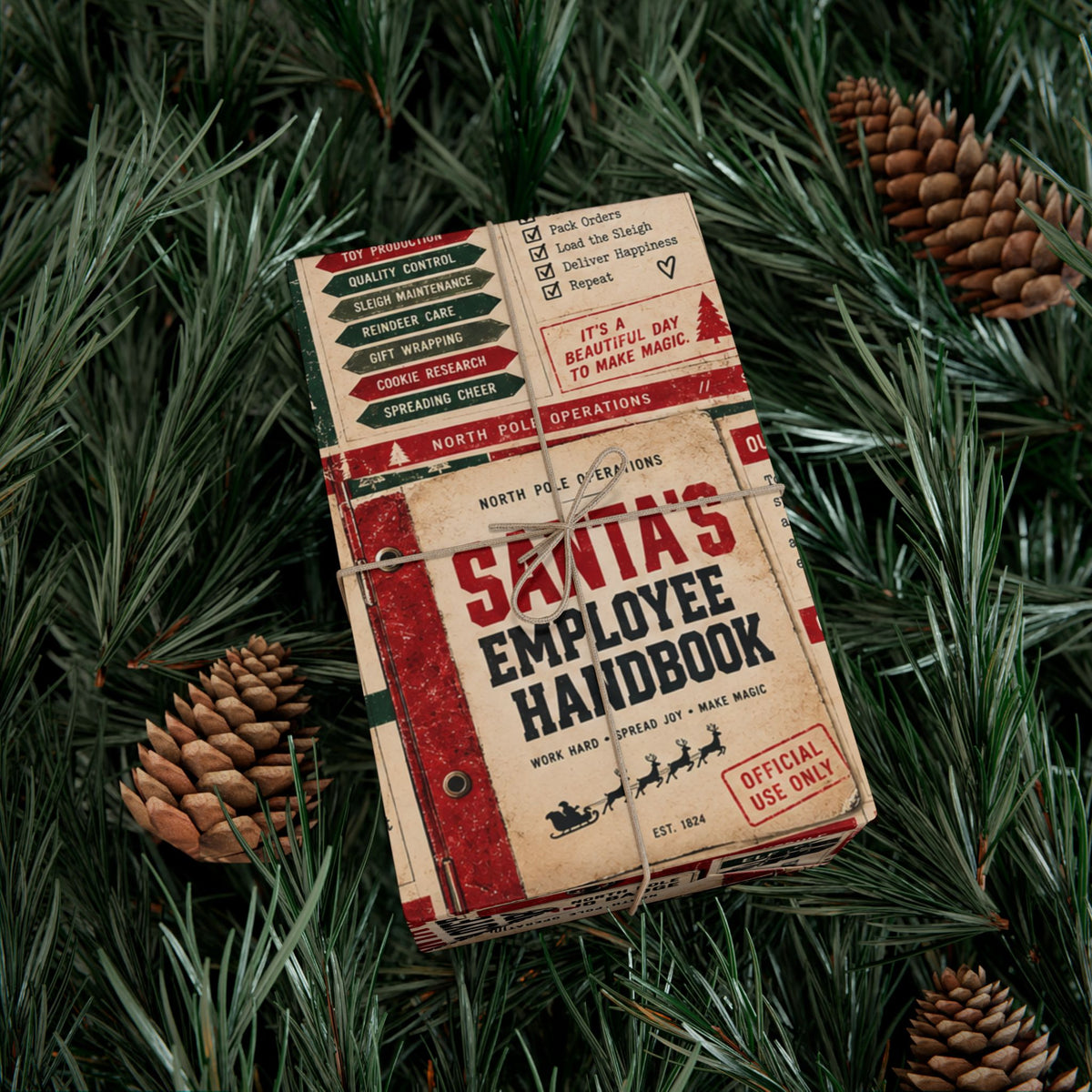 Santa’s Employee Handbook Christmas Wrapping Paper – Funny North Pole Office Holiday Gift Wrap