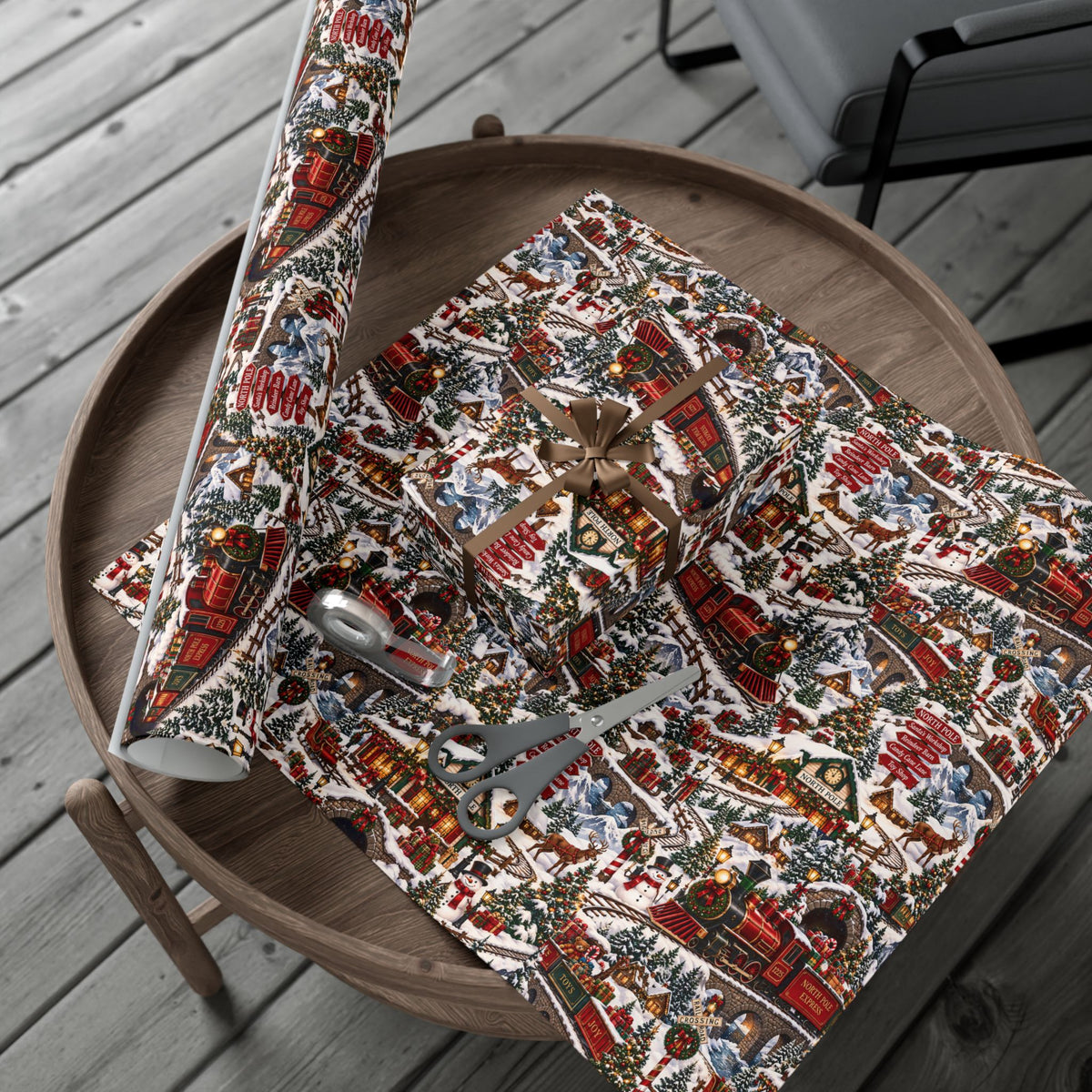 North Pole Express Wrapping Paper – Christmas Train, Reindeer & Snowy Village Holiday Gift Wrap