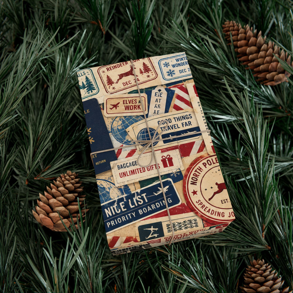 Airmail Vintage Travel Gift Wrap Paper Roll — Retro Postage & Boarding Pass Pattern