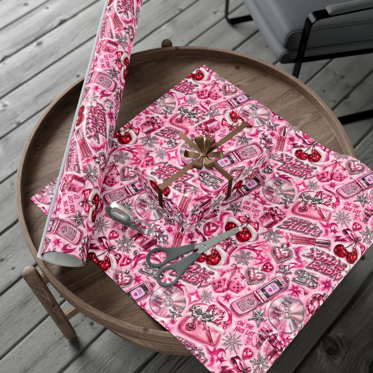 Xmas Baby Y2K Christmas Wrapping Paper – Pink Chrome 2000s Holiday Gift Wrap