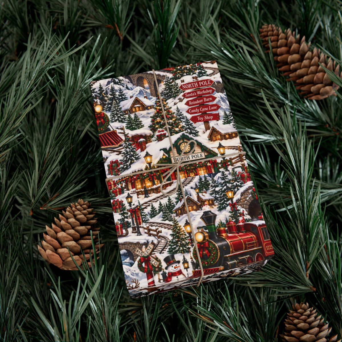 North Pole Express Christmas wrapping paper on a twine-tied gift, illustrated with a red train, snowy village, reindeer and pine trees