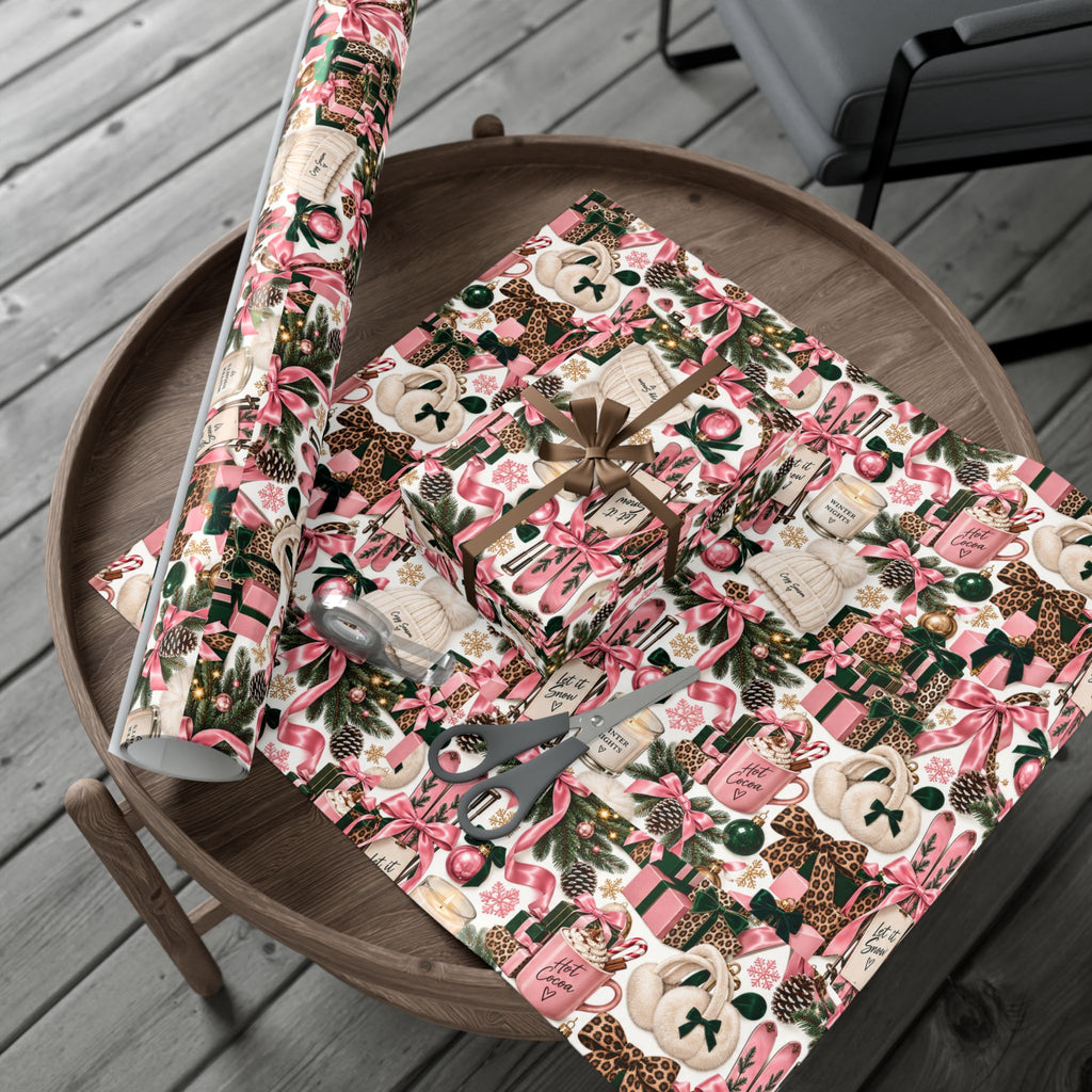 Cozy Season Christmas Wrapping Paper – Pink, Leopard & Emerald Winter Gift Wrap