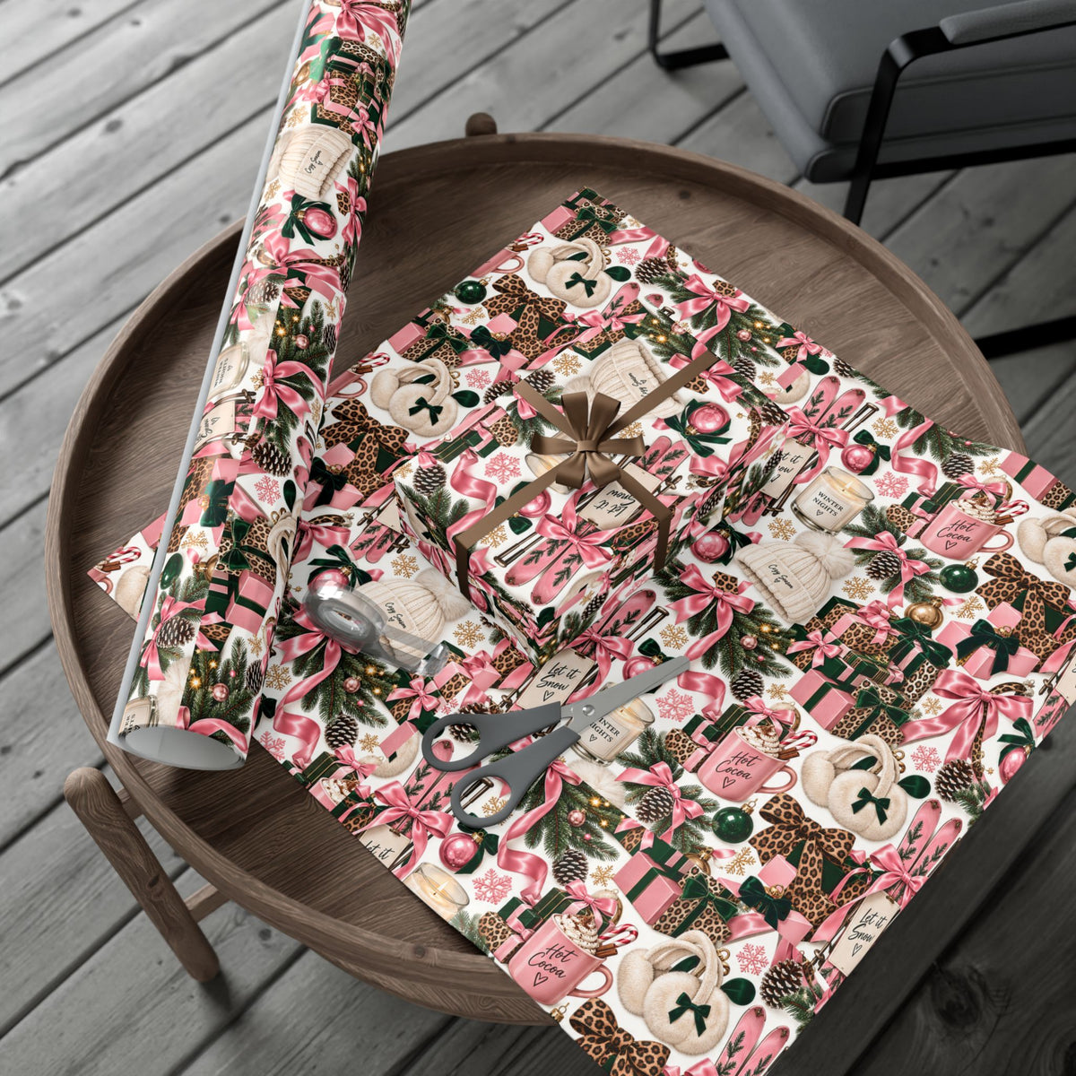 Cozy Season Christmas Wrapping Paper – Pink, Leopard & Emerald Winter Gift Wrap