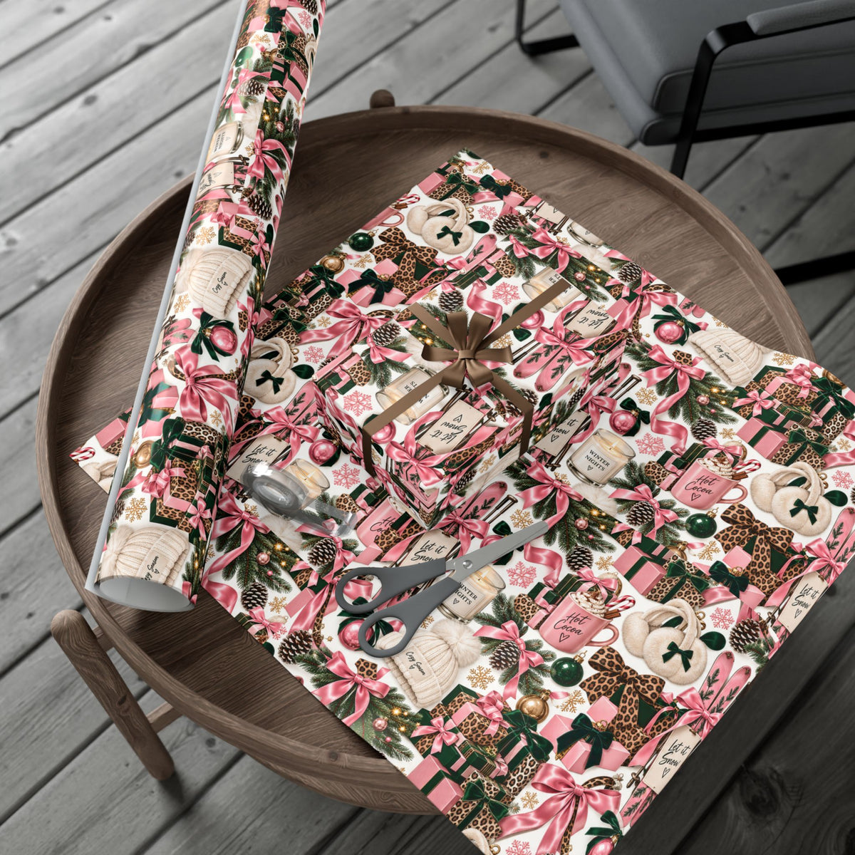 Cozy Season Christmas Wrapping Paper – Pink, Leopard & Emerald Winter Gift Wrap