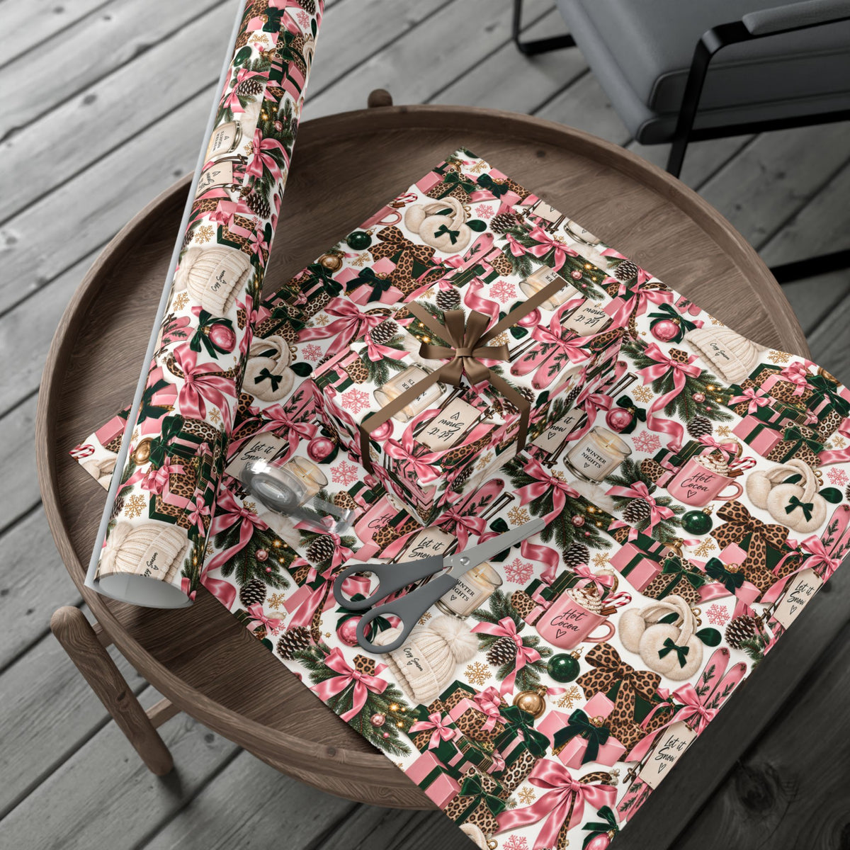 Cozy Season Christmas Wrapping Paper – Pink, Leopard & Emerald Winter Gift Wrap