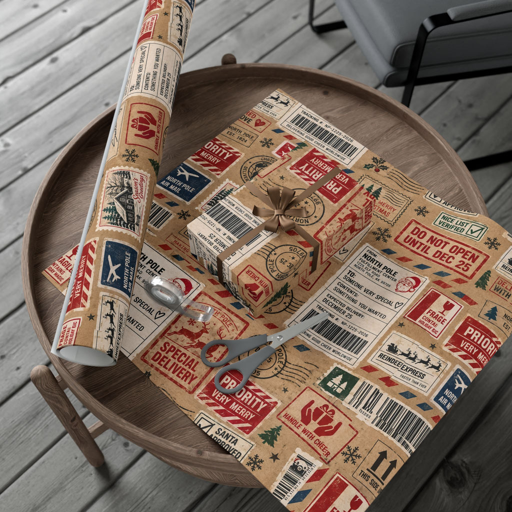 Package in Transit Christmas Wrapping Paper – North Pole Shipping Label Holiday Gift Wrap