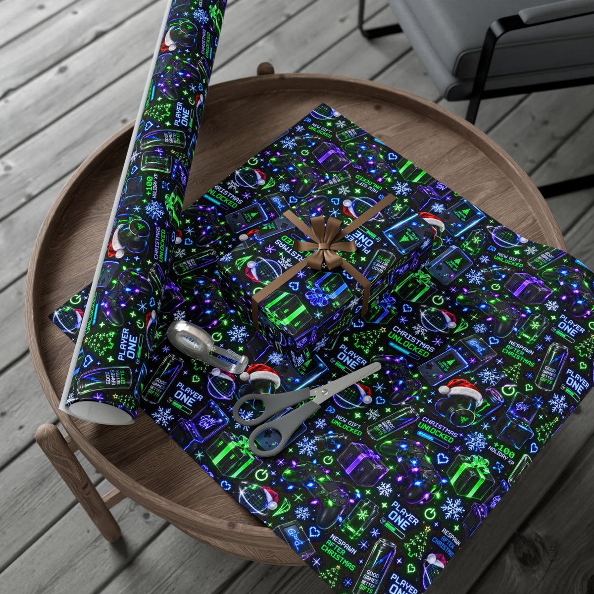 Gift Wrap Paper — Neon Gamer Holiday Pattern (Player One, Snowflakes & Controllers)