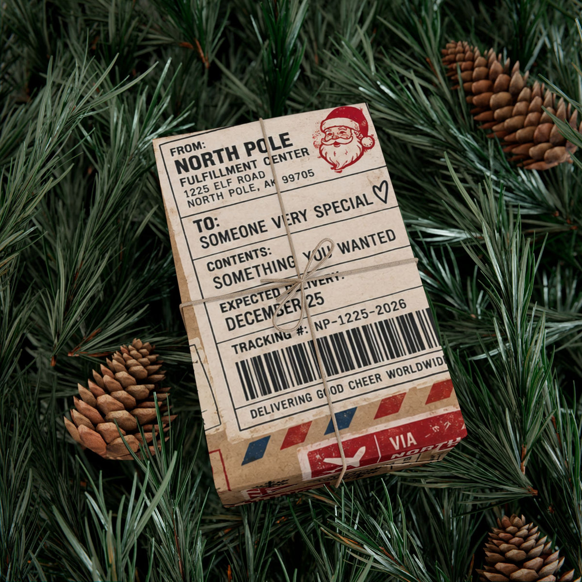 Package in Transit Christmas Wrapping Paper – North Pole Shipping Label Holiday Gift Wrap