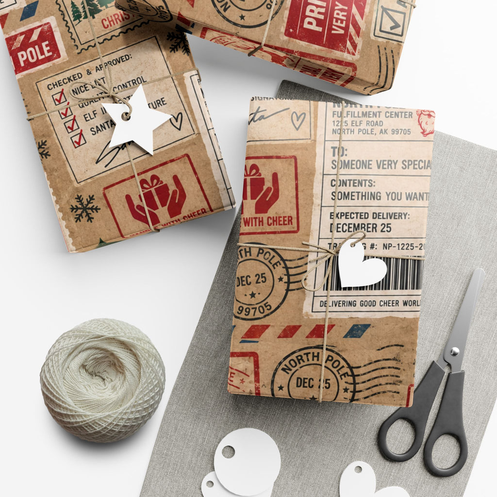 Package in Transit Christmas Wrapping Paper – North Pole Shipping Label Holiday Gift Wrap