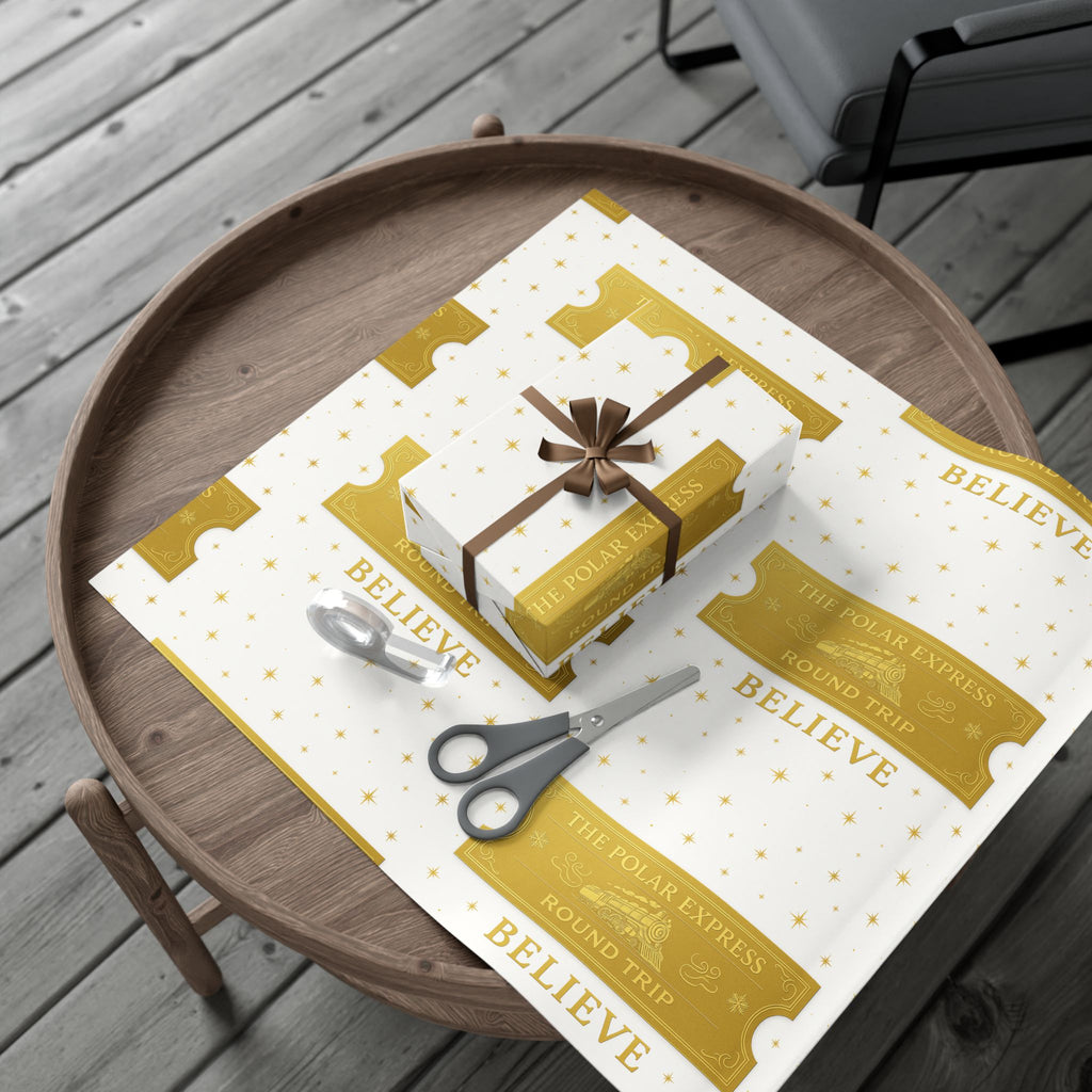 Christmas Golden Ticket Gift Wrap Papers - Polar Express Design for Holiday Parties, Movie Nights, DIY Gift Surprises. White and Gold