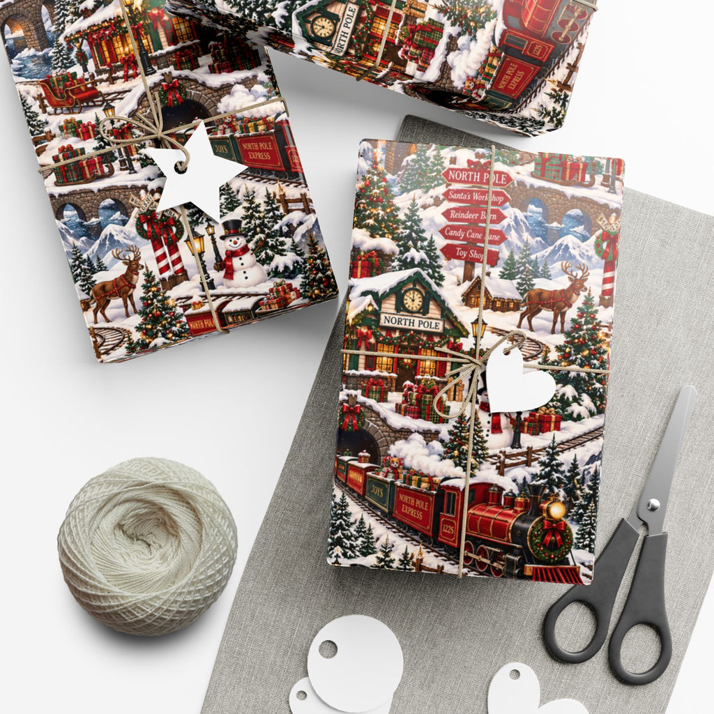 North Pole Express Wrapping Paper – Christmas Train, Reindeer & Snowy Village Holiday Gift Wrap