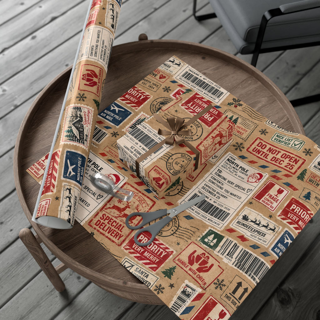 Package in Transit Christmas Wrapping Paper – North Pole Shipping Label Holiday Gift Wrap