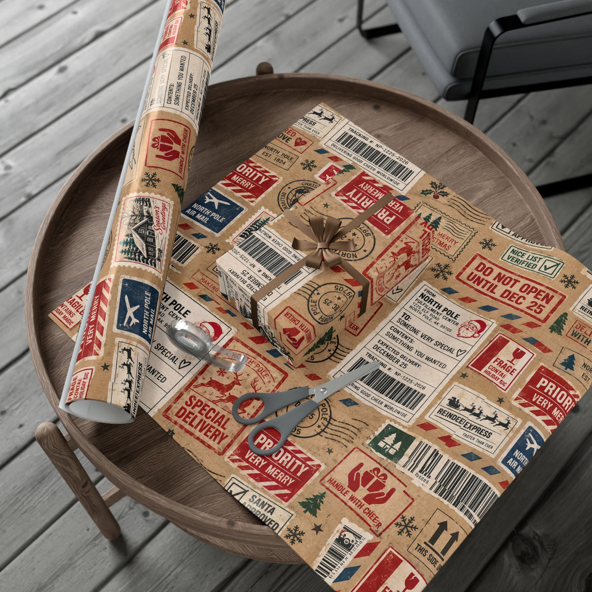 Package in Transit Christmas Wrapping Paper – North Pole Shipping Label Holiday Gift Wrap