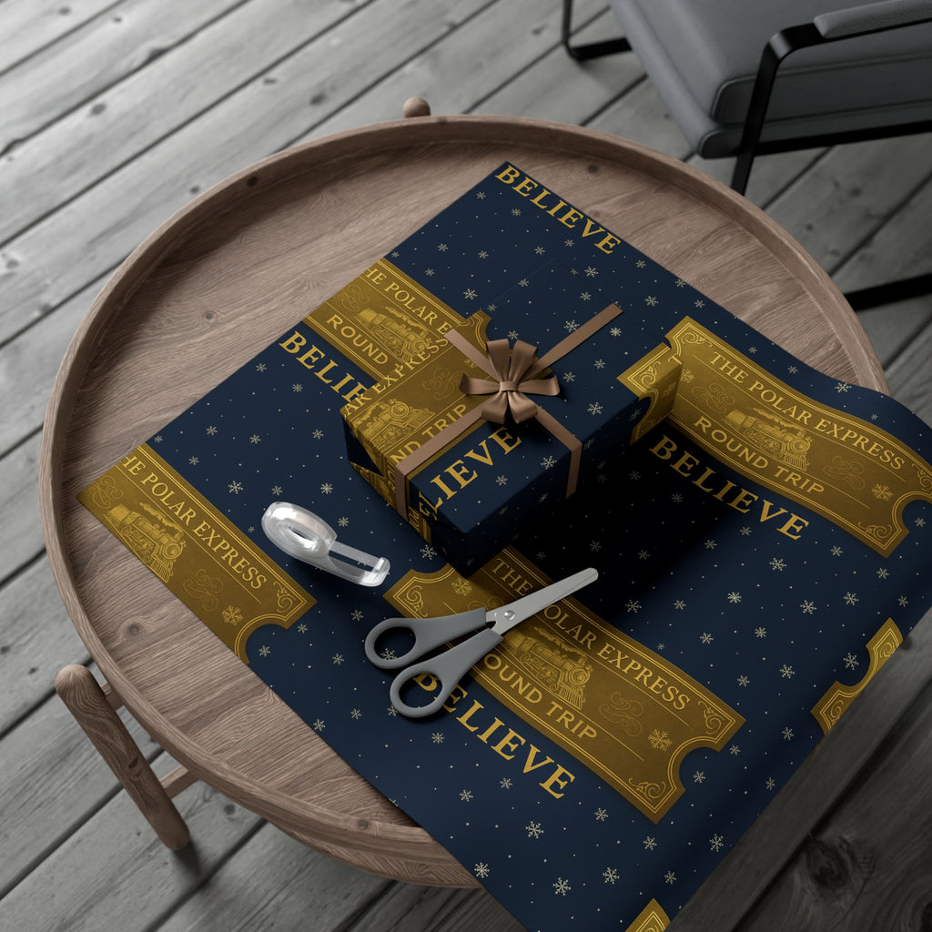 Christmas Golden Ticket Gift Wrap Papers - Polar Express Design for Holiday Parties, Movie Nights, DIY Gift Surprises. Navy Blue and Gold