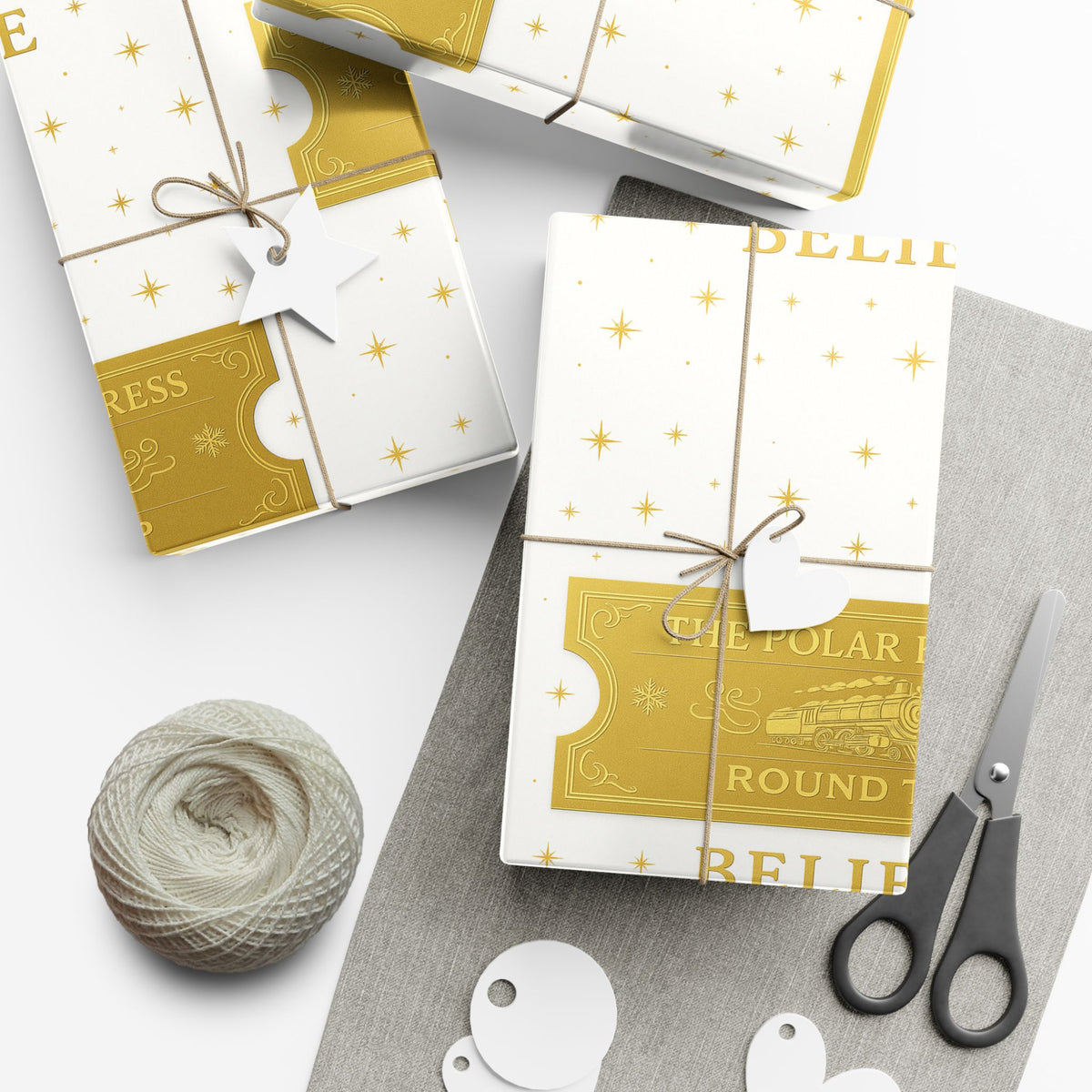 Christmas Golden Ticket Gift Wrap Papers - Polar Express Design for Holiday Parties, Movie Nights, DIY Gift Surprises. White and Gold