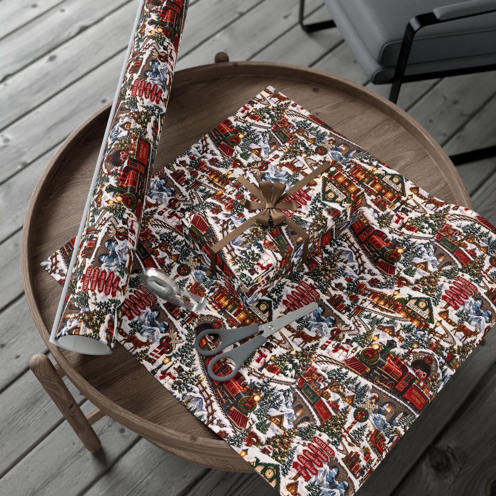 North Pole Express Wrapping Paper – Christmas Train, Reindeer & Snowy Village Holiday Gift Wrap