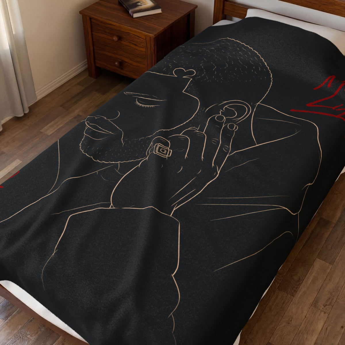 Drake Minimal Line Art Portrait with Red Script Velveteen Plush Blanket