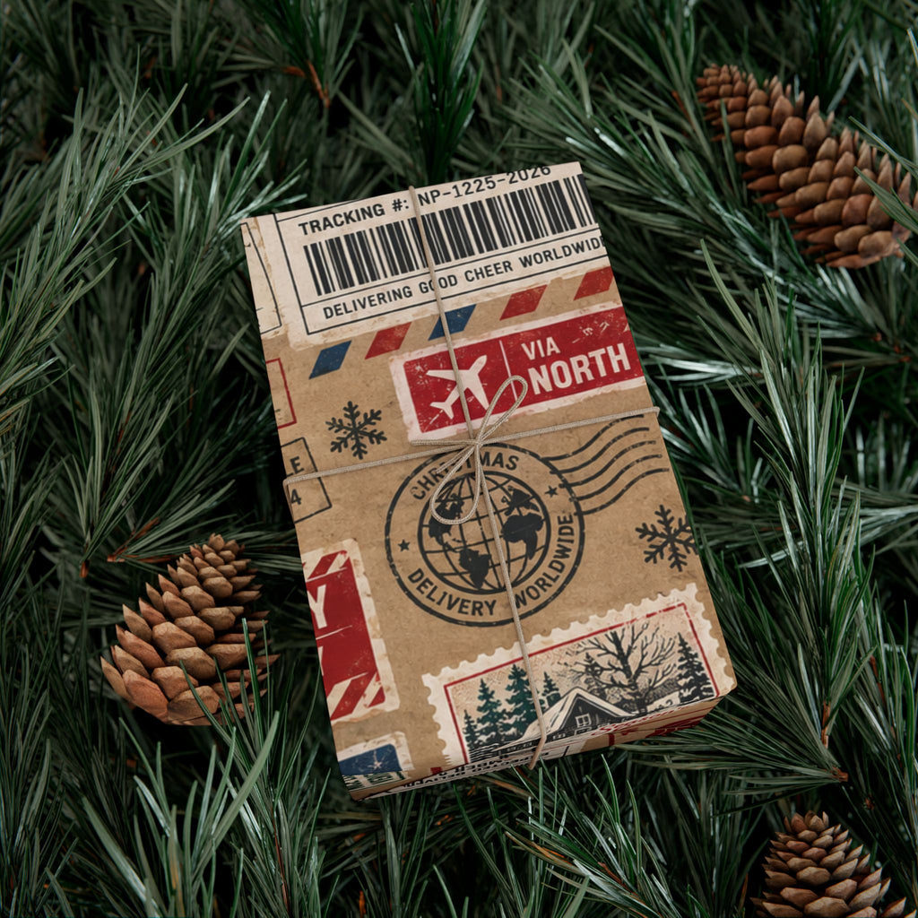 Package in Transit Christmas Wrapping Paper – North Pole Shipping Label Holiday Gift Wrap