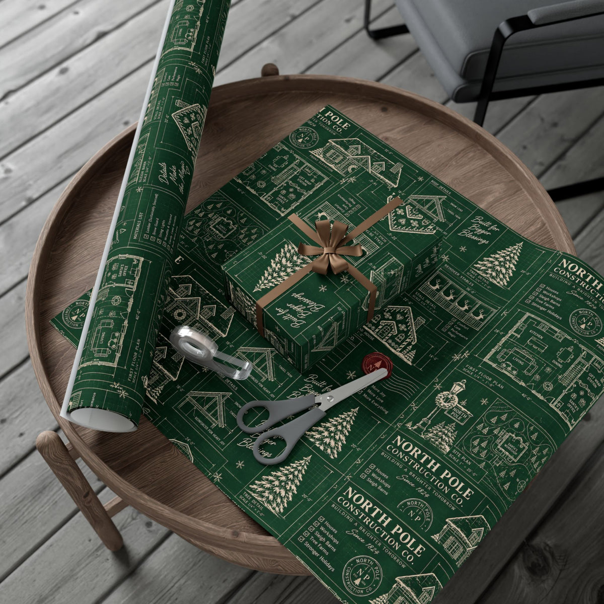 Christmas Blueprint Wrapping Paper – North Pole Architectural Plans Holiday Gift Wrap