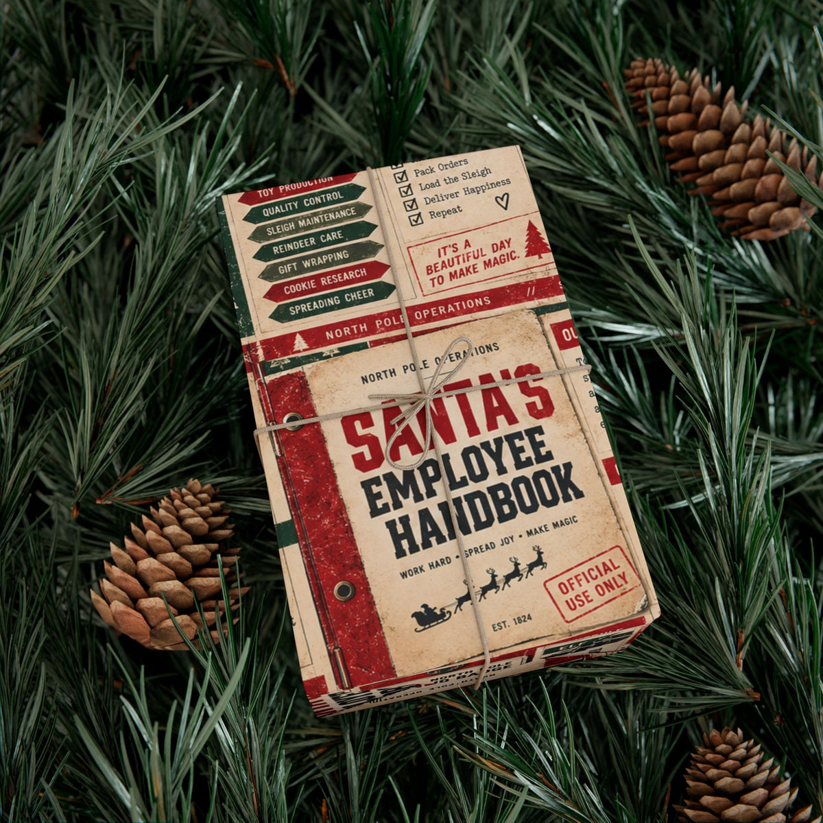 Santa’s Employee Handbook Christmas Wrapping Paper – Funny North Pole Office Holiday Gift Wrap