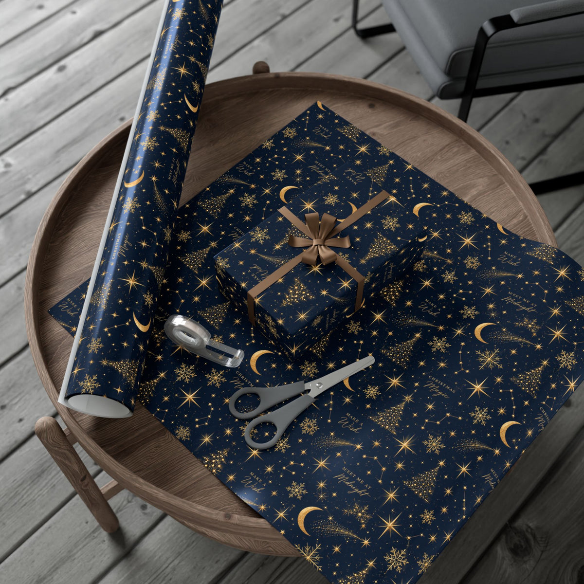 Midnight Stars Christmas Wrapping Paper – Navy & Gold Celestial Holiday Gift Wrap
