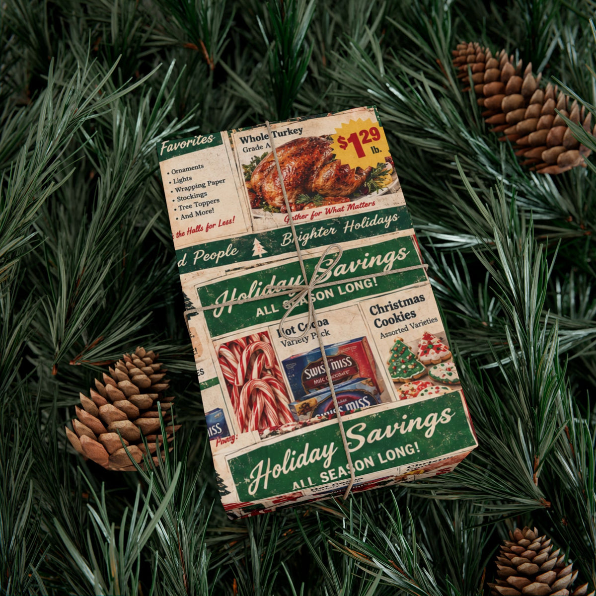 North Pole Market Christmas Wrapping Paper – Retro Grocery Circular Holiday Gift Wrap