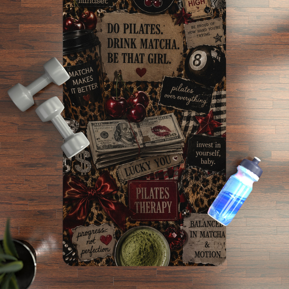 Matcha & Pilates Collage Rubber Yoga Mat | Retro Lucky Girl Pattern
