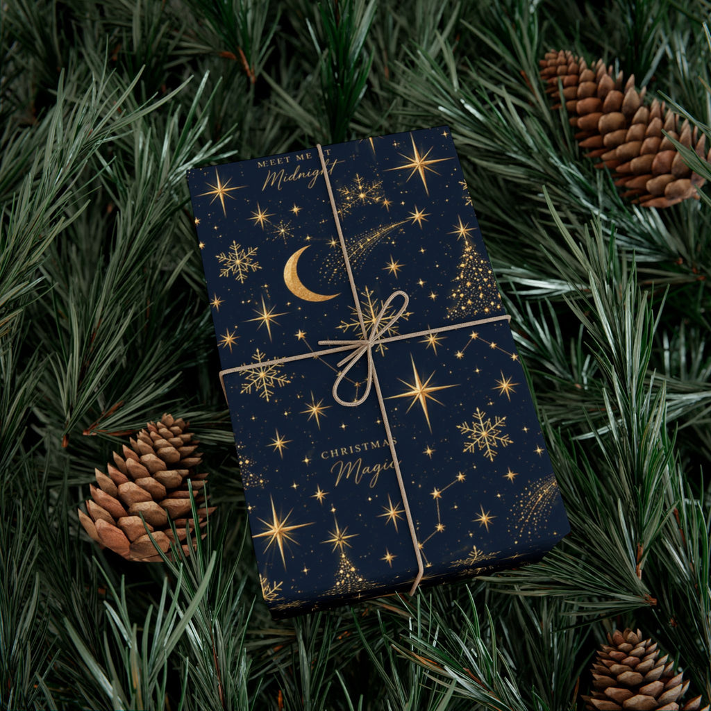 Midnight Stars Christmas Wrapping Paper – Navy & Gold Celestial Holiday Gift Wrap