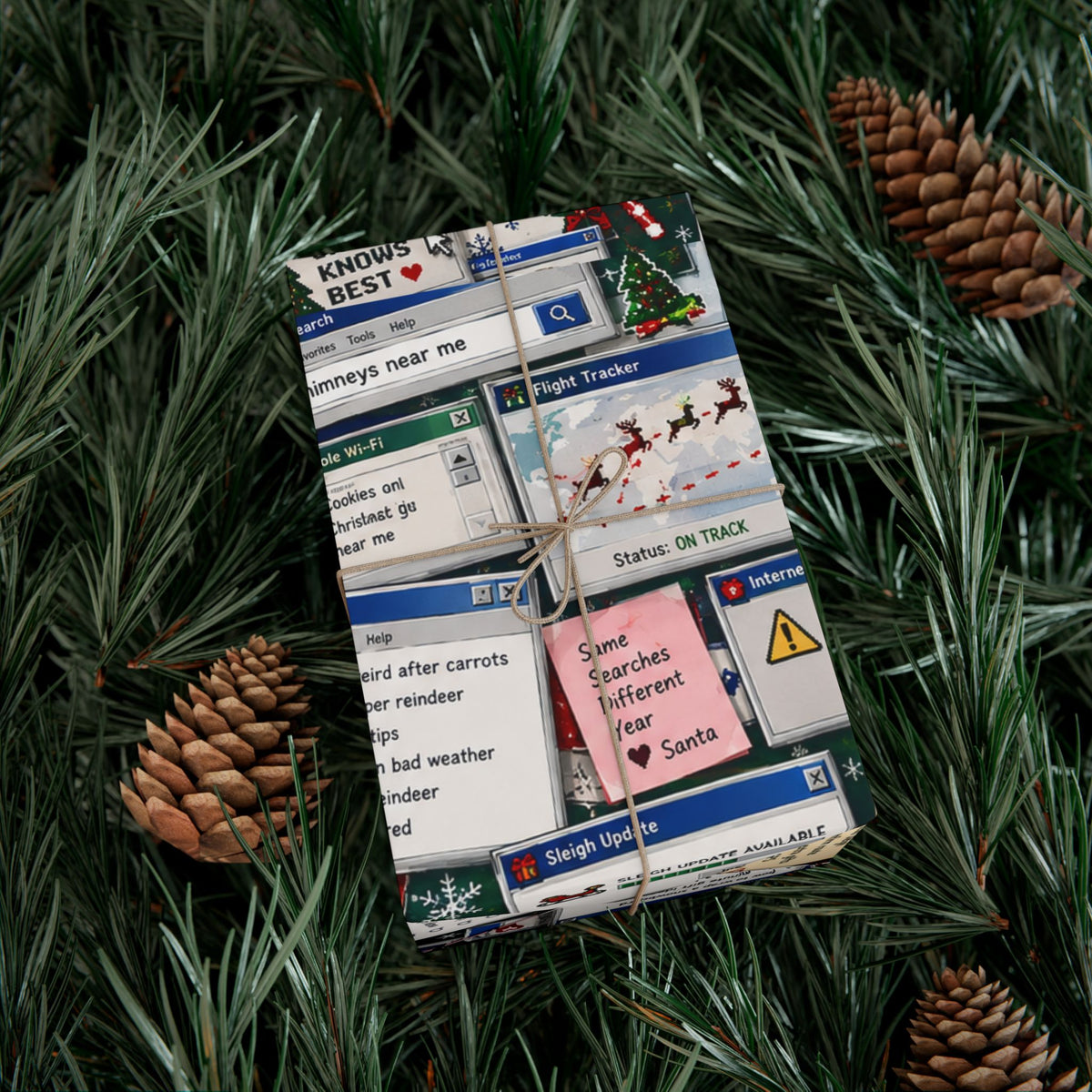 Gift wrapped in Santa’s Search History Y2K Christmas paper with retro computer windows and holiday graphics
