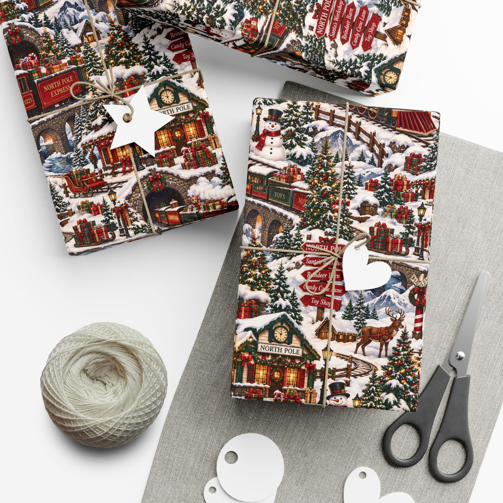 North Pole Express Wrapping Paper – Christmas Train, Reindeer & Snowy Village Holiday Gift Wrap