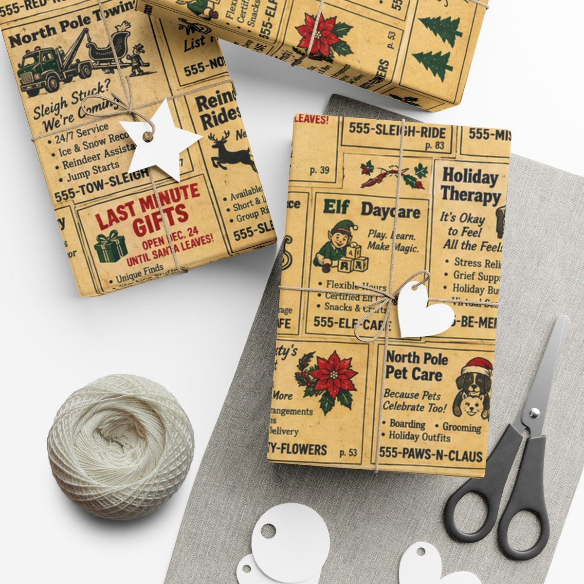 Holiday Yellow Pages Christmas Wrapping Paper – Retro North Pole Directory Gift Wrap